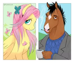 Size: 2500x2100 | Tagged: safe, artist:coapunk, artist:punkypants, derpibooru import, fluttershy, butterfly, insect, pegasus, pony, bojack horseman, cigarette, fanart, image, jpeg, mug, smoking