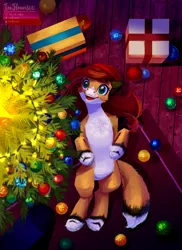 Size: 2387x3282 | Tagged: safe, artist:teaflower300, derpibooru import, oc, unofficial characters only, earth pony, bauble, christmas, christmas ornament, christmas tree, decoration, holiday, image, lying down, on back, png, present, smiling, solo, tree