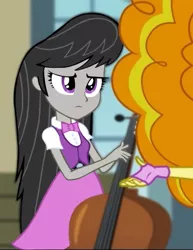 Size: 970x1257 | Tagged: safe, derpibooru import, edit, edited screencap, screencap, adagio dazzle, octavia melody, tennis match, equestria girls, rainbow rocks, background human, belt, bowtie, cello, clothes, image, musical instrument, octavia is not amused, png, skirt, unamused, vest