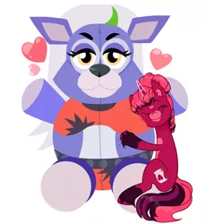 Size: 2434x2661 | Tagged: safe, artist:vizirka, derpibooru import, oc, oc:venus red heart, unofficial characters only, pony, unicorn, wolf, animatronic, commission, crossover, cute, eyes closed, female, five nights at freddy's, five nights at freddy's security breach, heart, hug, image, mare, markings, plushie, png, roxanne wolf, simple background, sitting, solo, unshorn fetlocks, white background, ych result