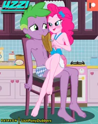 Size: 472x600 | Tagged: suggestive, artist:uzzi-ponydubberx, derpibooru import, edit, editor:undeadponysoldier, pinkie pie, spike, equestria girls, apron, bedroom eyes, belly button, blushing, breasts, busty pinkie pie, chair, clothes, crossed legs, feeding, female, food, fork, image, male, nipples, nudity, oven, pancakes, partial nudity, patreon, pinkiespike, png, recolor, shipping, show accurate, sitting, sitting on lap, sitting on person, skirt, spike the human, stove, straight, stupid sexy pinkie, table, topless, underwear