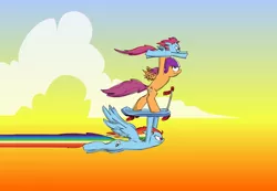 Size: 1024x710 | Tagged: safe, artist:brutamod, derpibooru import, rainbow dash, scootaloo, oc, unnamed oc, pegasus, pony, 2016, alternate cutie mark, cloud, female, flapping wings, flying, helmet, holding a pony, image, jpeg, looking at someone, looking offscreen, magical lesbian spawn, mother and child, mother and daughter, offspring, older, older scootaloo, parent:rainbow dash, parent:scootaloo, parents:scootadash, scooter, sunset, trio, wings
