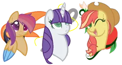 Size: 822x442 | Tagged: safe, derpibooru import, oc, oc:appleflore, oc:diamond spool, oc:wingscooter, unofficial characters only, earth pony, pegasus, pony, unicorn, 2016, best friends, colored wings, cowboy hat, female, hair over one eye, hat, horn, image, magical lesbian spawn, offspring, one eye closed, open mouth, parent:apple bloom, parent:applejack, parent:rainbow dash, parent:rarity, parent:scootaloo, parent:sweetie belle, parents:bloomjack, parents:raribelle, parents:scootadash, png, product of incest, simple background, smiling, transparent background, trio, wings, wink