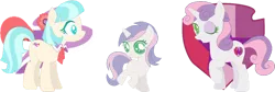 Size: 1024x345 | Tagged: safe, artist:juliahtf, derpibooru import, coco pommel, sweetie belle, oc, oc:love spell, earth pony, pony, unicorn, base used, cutie mark, female, filly, foal, green eyes, horn, image, magical lesbian spawn, mare, offspring, one eye closed, parent:coco pommel, parent:sweetie belle, parents:cocobelle, png, raised hoof, trio, white fur, wink