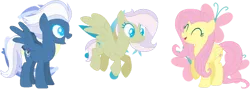 Size: 1024x364 | Tagged: safe, artist:juliahtf, derpibooru import, fluttershy, night glider, oc, oc:night butterfly, pegasus, pony, base used, blue eyes, female, green fur, image, magical lesbian spawn, mother and child, mother and daughter, offspring, parent:fluttershy, parent:night glider, parents:flutterglider, pegasus oc, png, trio, wings