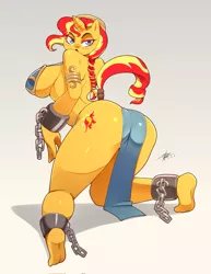 Size: 1583x2048 | Tagged: suggestive, artist:sergioghi, derpibooru import, sunset shimmer, anthro, plantigrade anthro, unicorn, ass, big breasts, bikini, bikini top, breasts, busty sunset shimmer, butt, chains, clothes, digital art, female, horn, huge breasts, image, jpeg, kneeling, loincloth, looking at you, looking back, looking back at you, open mouth, pose, sideboob, slave leia outfit, solo, solo female, swimsuit, tail, thighs, wide hips