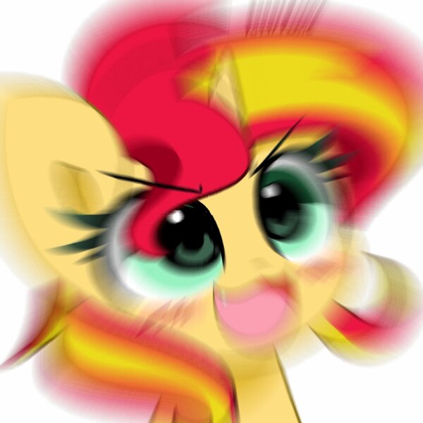 Size: 1504x1505 | Tagged: safe, artist:kittyrosie, derpibooru import, edit, sunset shimmer, pony, unicorn, equestria girls, :3, cute, cute little fangs, fangs, image, jpeg, ohayou face, open mouth, shimmerbetes, simple background, white background