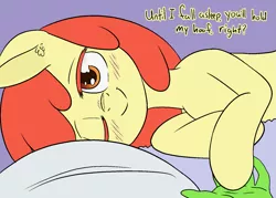 Size: 1491x1066 | Tagged: safe, artist:happy harvey, derpibooru import, edit, apple bloom, oc, oc:anon, ponified, earth pony, pony, adorabloom, bed, blanket, blushing, bronybait, cute, drawn on phone, drawthread, ear fluff, female, filly, foal, holding hands, holding hooves, image, looking at you, lying down, offscreen character, one eye closed, pillow, png, pov, side
