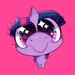 Size: 1500x1500 | Tagged: safe, artist:daisydewdles, derpibooru import, idw, twilight sparkle, pony, unicorn, the return of queen chrysalis, spoiler:comic, boop, c:, cute, faic, female, fisheye lens, image, jpeg, looking at you, mare, offscreen character, picture for breezies, pink background, pov, simple background, smiling, solo, twiabetes, unicorn twilight