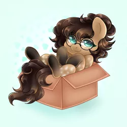 Size: 1080x1080 | Tagged: safe, artist:tookiut, derpibooru import, oc, oc:nixie tube, unofficial characters only, bat pony, earth pony, hybrid, box, cardboard box, coat markings, dappled, glasses, image, png, socks (coat marking), solo