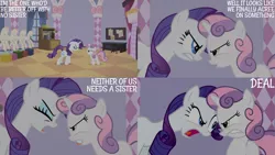 Size: 1280x720 | Tagged: safe, derpibooru import, edit, edited screencap, editor:quoterific, screencap, rarity, sweetie belle, pony, unicorn, season 2, sisterhooves social, carousel boutique, duo, eyes closed, female, filly, foal, image, jpeg, mannequin, mare, open mouth