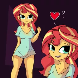 Size: 3456x3456 | Tagged: suggestive, artist:tjpones, derpibooru import, sunset shimmer, equestria girls, breasts, busty sunset shimmer, clothes, female, floating heart, heart, high res, image, looking at you, open mouth, open smile, png, question mark, see-through, shirt, smiling, smiling at you, solo, solo female
