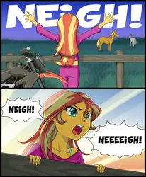 Size: 800x971 | Tagged: safe, artist:uotapo, edit, ponybooru import, sunset shimmer, horse, equestria girls, cropped, descriptive noise, female, homesick shimmer, horse noises, humans doing horse things, image, motorcycle, neigh, open mouth, outstretched arms, png, solo, speech bubble
