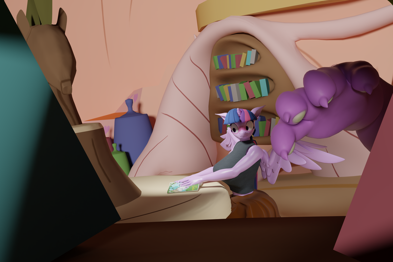 Size: 3000x2000 | Tagged: questionable, alternate version, artist:clopmaestroman, derpibooru import, spike, twilight sparkle, twilight sparkle (alicorn), alicorn, anthro, comic:pinkie-picnic, 3d, blender, breasts, golden oaks library, image, imminent masturbation, kama sutra, library, png, pony sutra, solo