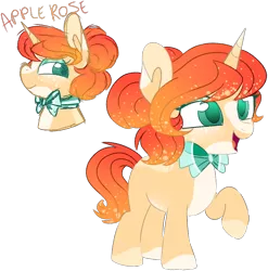 Size: 1350x1366 | Tagged: safe, artist:maximumpiracy, derpibooru import, oc, oc:apple rose, unofficial characters only, pony, unicorn, base used, bowtie, bust, female, filly, foal, horn, image, offspring, parent:applejack, parent:prince blueblood, parents:bluejack, png, raised hoof, simple background, smiling, solo, transparent background, unicorn oc