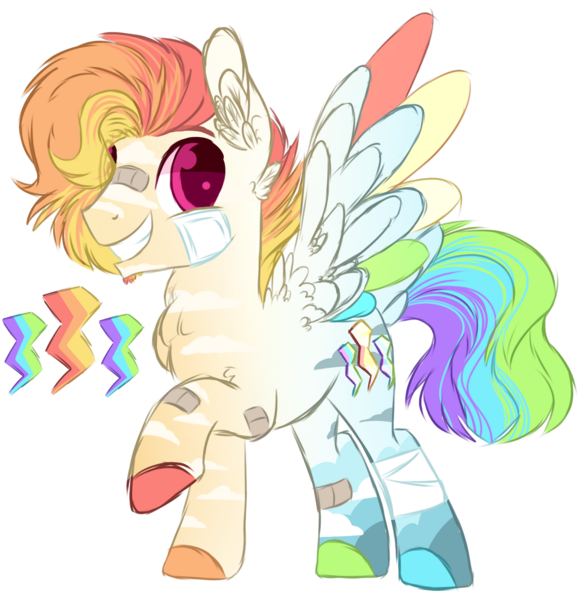 Size: 1280x1310 | Tagged: safe, artist:maximumpiracy, derpibooru import, oc, unofficial characters only, pegasus, pony, bandage, base used, colored hooves, ear fluff, female, grin, image, male, mare, multicolored hair, parent:cloudchaser, parent:rainbow dash, pegasus oc, png, rainbow hair, raised hoof, simple background, smiling, stallion, transparent background, wings