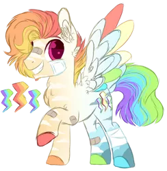 Size: 1280x1310 | Tagged: safe, artist:maximumpiracy, derpibooru import, oc, unofficial characters only, pegasus, pony, bandage, base used, colored hooves, ear fluff, female, grin, image, male, mare, multicolored hair, parent:cloudchaser, parent:rainbow dash, pegasus oc, png, rainbow hair, raised hoof, simple background, smiling, stallion, transparent background, wings