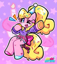 Size: 2943x3287 | Tagged: safe, artist:shyshyoctavia, derpibooru import, oc, oc:sugar sprinkles, anthro, earth pony, bow, chibi, clothes, ear piercing, earring, food, hat, hoof heart, hot pink, image, jewelry, kemono, multicolored hooves, party hat, piercing, pink, png, purple, shorts, solo, sprinkles, sweater, tail, tail bow