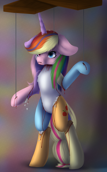 Size: 746x1200 | Tagged: grimdark, artist:maneblue, derpibooru import, applejack, fluttershy, pinkie pie, rainbow dash, rarity, twilight sparkle, pony, unicorn, abstract background, blood, female, fusion, image, mane six, mare, marionette, png, solo, stitches