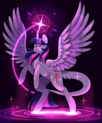 Size: 2179x2632 | Tagged: safe, artist:mscreepyplaguedoctor, derpibooru import, twilight sparkle, twilight sparkle (alicorn), alicorn, pony, bipedal, curved horn, female, glow, glowing horn, gritted teeth, horn, image, jpeg, leonine tail, magic, mare, solo, tail