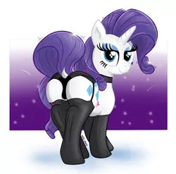 Size: 1278x1263 | Tagged: suggestive, artist:eel's stuff, derpibooru import, rarity, pony, unicorn, butt, butt shake, clothes, dock, female, horn, image, lidded eyes, looking at you, looking back, looking back at you, mare, panties, plot, png, raised tail, smiling, socks, solo, tail, tail aside, thigh highs, underwear
