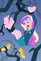 Size: 1280x1932 | Tagged: suggestive, artist:chaoskomori, derpibooru import, princess cadance, equestria girls, barefoot, blushing, breasts, clothes, commission, dean cadance, erotic tickling, eyeshadow, feet, female, femsub, fetish, foot fetish, high heels, image, jpeg, laughing, lipstick, makeup, open mouth, shoes, shoes removed, skirt, socks, stockings, submissive, suit, thigh highs, tickle fetish, tickle torture, tickling, vine, wiggling toes