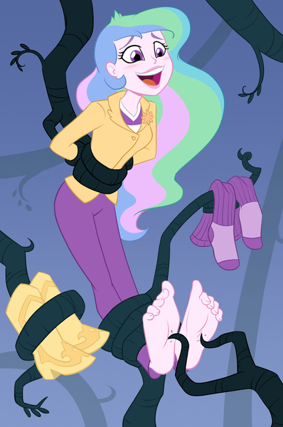 Size: 1280x1932 | Tagged: suggestive, artist:chaoskomori, derpibooru import, princess celestia, equestria girls, barefoot, blushing, boots, breasts, clothes, commission, erotic tickling, eyeshadow, feet, female, femsub, fetish, foot fetish, image, jpeg, laughing, lipstick, makeup, open mouth, pants, principal celestia, shoes, shoes removed, socks, submissive, suit, tickle fetish, tickle torture, tickling, vine, wiggling toes