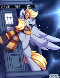 Size: 1000x1300 | Tagged: safe, artist:shadowreindeer, derpibooru import, derpy hooves, clothes, doctor who, fourth doctor's scarf, image, jpeg, scarf, space, striped scarf, tardis, tom baker's scarf