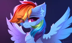 Size: 3192x1925 | Tagged: safe, artist:airiniblock, derpibooru import, rainbow dash, pegasus, pony, bust, chest fluff, ear fluff, eye clipping through hair, eyebrows, eyebrows visible through hair, eyelashes, female, fluffy, gradient background, high res, image, mare, png, rcf community, signature, smiling, solo, spread wings, wing fluff, wings