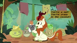 Size: 1422x800 | Tagged: safe, artist:hakar-kerarmor, derpibooru import, autumn blaze, kirin, sounds of silence, coconut, female, food, frontier psychiatrist, hand puppet, image, png, solo, song reference, the avalanches