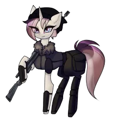 Size: 1275x1380 | Tagged: safe, artist:minty--fresh, derpibooru import, oc, unicorn, armor, bag, beanie hat, blue eyes, ear fluff, gun, image, multicolored hair, png, saddle bag, simple background, solo, swat, transparent background, weapon