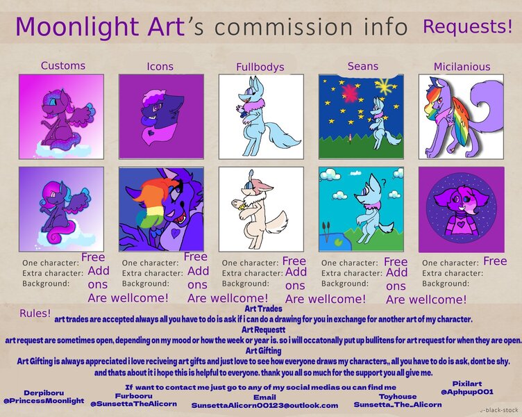 Size: 1880x1500 | Tagged: safe, artist:princessmoonlight, derpibooru import, oc, oc:lottie, oc:moonlight stars, oc:pinkie, oc:roselight stars, oc:starbeam, pony, add ons are welcome, advertisement, bell, cloud, commission, commission info, commission open, custom, fireworks, free requests, full body, furry, icon, image, irl, jpeg, micilaneous, multicolored hair, multiple ocs, photo, rainbow hair, rules, seans, simple background, smiling, social media, stars, toy, transparent background, wings
