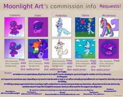 Size: 1880x1500 | Tagged: safe, artist:princessmoonlight, derpibooru import, oc, oc:lottie, oc:moonlight stars, oc:pinkie, oc:roselight stars, oc:starbeam, pony, add ons are welcome, advertisement, bell, cloud, commission, commission info, commission open, custom, fireworks, free requests, full body, furry, icon, image, irl, jpeg, micilaneous, multicolored hair, multiple ocs, photo, rainbow hair, rules, seans, simple background, smiling, social media, stars, toy, transparent background, wings