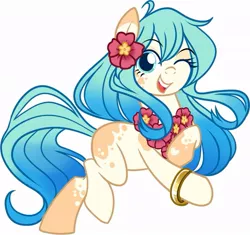 Size: 921x867 | Tagged: safe, artist:xwhitedreamsx, derpibooru import, oc, oc:seascape, unofficial characters only, earth pony, pony, bracelet, cute, earth pony oc, flower, flower in hair, gradient mane, image, jewelry, jpeg, lei, looking at you, missing cutie mark, mottled coat, one eye closed, open mouth, simple background, white background, wink, winking at you