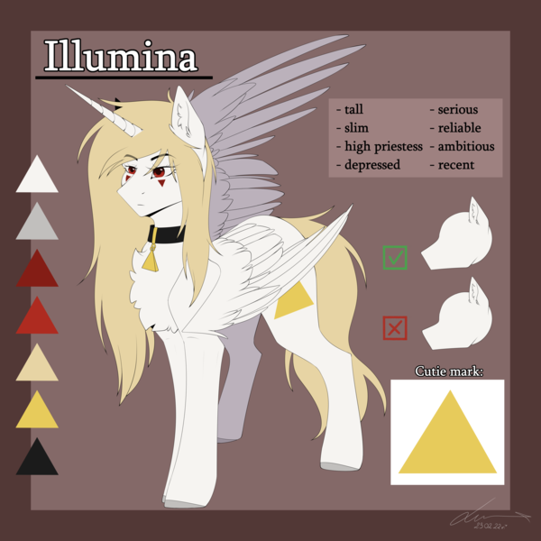 Size: 4400x4400 | Tagged: safe, artist:lunciakkk, derpibooru import, oc, oc:illumina, alicorn, collar, female, image, png, reference sheet, solo