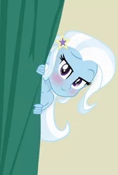 Size: 1292x1920 | Tagged: suggestive, artist:grapefruit-face, derpibooru import, trixie, equestria girls, blushing, curtains, derpibooru exclusive, happy, image, implied nudity, lidded eyes, looking at you, peeking, png, solo