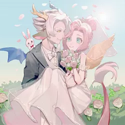 Size: 2048x2048 | Tagged: safe, artist:kura, derpibooru import, discord, fluttershy, human, rabbit, animal, bowtie, bridal carry, carrying, clothes, discoshy, dress, eared humanization, female, flower, humanized, image, jpeg, looking at each other, looking at someone, male, marriage, shipping, smiling, straight, teary eyes, trio, wedding, wedding dress, winged humanization, wings