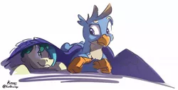 Size: 1287x651 | Tagged: safe, artist:kam, derpibooru import, gallus, sandbar, earth pony, gryphon, pony, gallbar, gay, hug, image, jpeg, male, shipping, smiling, spread wings, winghug, wings