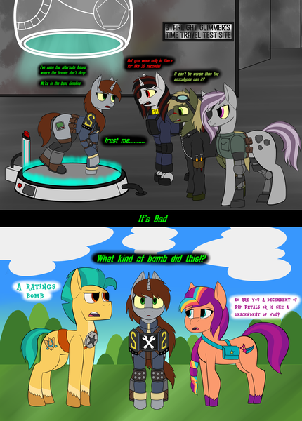 Size: 2791x3897 | Tagged: safe, artist:rorrek, derpibooru import, hitch trailblazer, sunny starscout, oc, oc:blackjack, oc:hired gun, oc:littlepip, oc:murky, cyborg, earth pony, pegasus, unicorn, fallout equestria, fallout equestria: heroes, fallout equestria: murky number seven, fallout equestria: project horizons, my little pony: tell your tale, spoiler:g5, spoiler:my little pony: tell your tale, amputee, armor, clothes, comic, dialogue, eyepatch, fanfic art, g5, image, jacket, leather jacket, png, police, prosthetics, teleportation, tell your tale drama, time travel