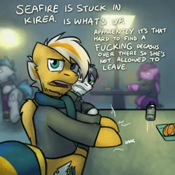 Size: 800x800 | Tagged: safe, artist:captainhoers, derpibooru import, soarin', oc, oc:seahawk, pegasus, pony, the sunjackers, dialogue, duo focus, image, jpeg, male, older, older soarin', stallion