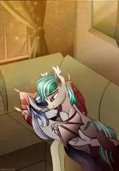 Size: 2522x3634 | Tagged: safe, artist:andaluce, derpibooru import, oc, oc:haze northfleet, oc:malachite cluster, unofficial characters only, bat pony, pegasus, pony, afternoon, couch, cozy, cuddling, cute, female, image, male, mare, pillow, png, sleeping, stallion
