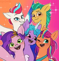 Size: 1344x1396 | Tagged: safe, artist:superduperath, derpibooru import, hitch trailblazer, izzy moonbow, pipp petals, sunny starscout, zipp storm, earth pony, pegasus, pony, unicorn, cute, female, g5, image, jpeg, male, mane five (g5), mare, multicolored hair, open mouth, redraw, smiling, stallion