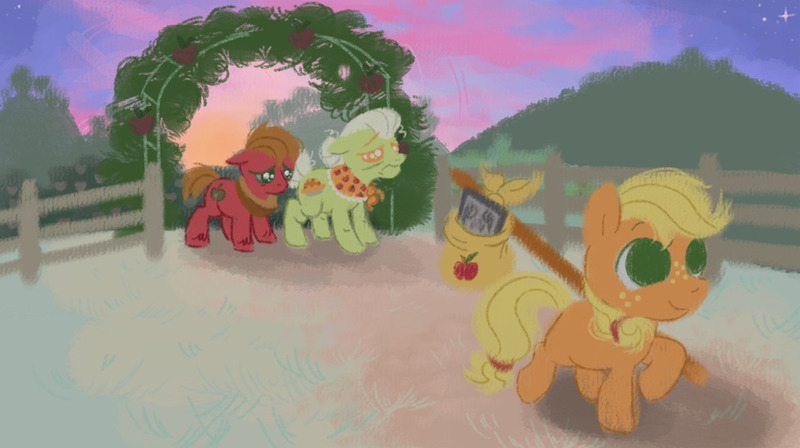 Size: 1106x620 | Tagged: safe, artist:kluzart, derpibooru import, applejack, big macintosh, granny smith, pony, the cutie mark chronicles, bindle, colt big macintosh, female, filly, filly applejack, image, jpeg, male, scene interpretation, younger