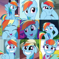 Size: 800x800 | Tagged: episode needed, safe, artist:twilyisbestpone, derpibooru import, edit, edited screencap, screencap, rainbow dash, pegasus, pony, daring don't, flutter brutter, rarity investigates, read it and weep, season 2, season 4, season 5, season 6, season 9, sparkle's seven, stranger than fan fiction, the mysterious mare do well, spoiler:s09, alternate hairstyle, blush sticker, blushing, collage, compilation, cute, dashabetes, dashface, female, grin, hat, image, mare, megaradash, pith helmet, png, smiling, solo