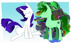 Size: 2048x1240 | Tagged: safe, artist:newsketches, artist:oddsketches, derpibooru import, rarity, oc, oc:stoney poney, earth pony, pony, unicorn, drugs, duo, fuck i'm high, image, joint, jpeg, marijuana, psychedelic, squint