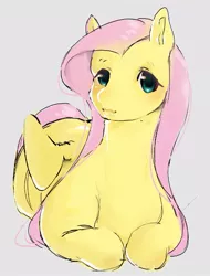 Size: 689x905 | Tagged: safe, artist:rmb2704, derpibooru import, fluttershy, pegasus, pony, cute, female, gray background, image, jpeg, looking at you, lying down, mare, prone, shyabetes, simple background, solo