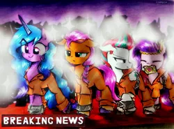 Size: 3008x2225 | Tagged: safe, artist:liaaqila, derpibooru import, izzy moonbow, pipp petals, sunny starscout, zipp storm, earth pony, pegasus, pony, unicorn, angry, breaking news, camera flashes, chains, clothes, cross-popping veins, cuffed, eyes closed, female, floppy ears, g5, happy, image, jpeg, mare, mouth hold, prison outfit, text, varying degrees of want
