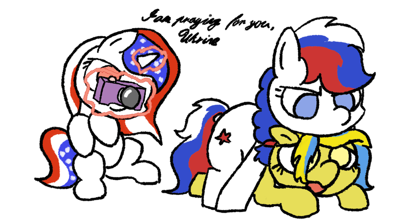 Size: 1920x1080 | Tagged: semi-grimdark, suggestive, artist:anonymous, derpibooru import, oc, oc:marussia, oc:ukraine, oc:united states, ponified, pony, camera, current events, dialogue, exhibitionism, featured image, female, image, implied invasion, implied rape, implied sex, lesbian, mare, mare on mare, mounting, nation ponies, png, politics, praying, russia, simple background, ukraine, united states, white background