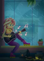 Size: 2048x2849 | Tagged: safe, artist:lordshrekzilla20, derpibooru import, sunset shimmer, fanfic:the one true king, equestria girls, breasts, cleavage, female, guitar, image, jewelry, jpeg, music notes, musical instrument, necklace, playing instrument, rain, relaxing, smiling, window