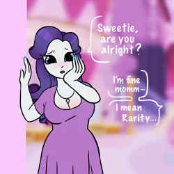 Size: 2048x2048 | Tagged: safe, artist:immunefox, derpibooru import, rarity, sweetie belle, human, background, big breasts, big eyes, blushing, breasts, busty rarity, carousel boutique, clothes, concerned, dress, hips, humanized, image, implied sweetie belle, jewelry, long nails, looking away, mama rarity, mommy, nail polish, necklace, png, speech bubble, talking
